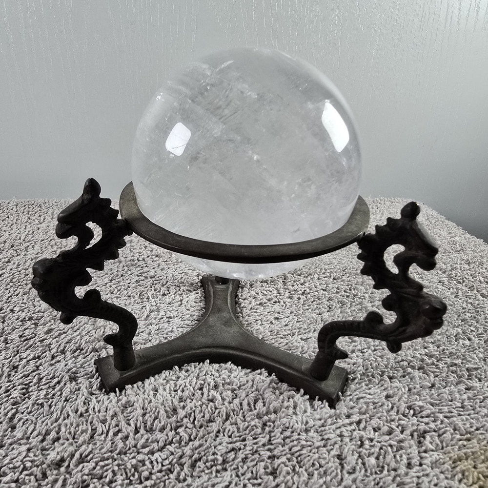 Vintage Clear Rock Crystal Ball with Dragon Stand